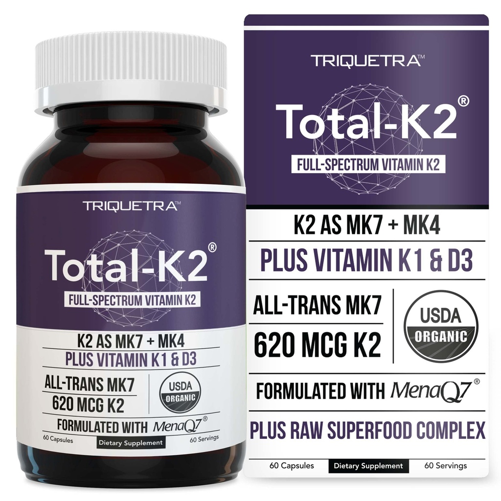 Total K2® | ויטמין K2 כ- MK7 & MK4 | Plus K1 & ויטמין D3 Cofactor - 620 mcg K2 לכל משרת - All-Trans MK7 מ- MenaQ7® - ויטמין C - טבעוני, מוסמך אורגני (60 קפסולות)