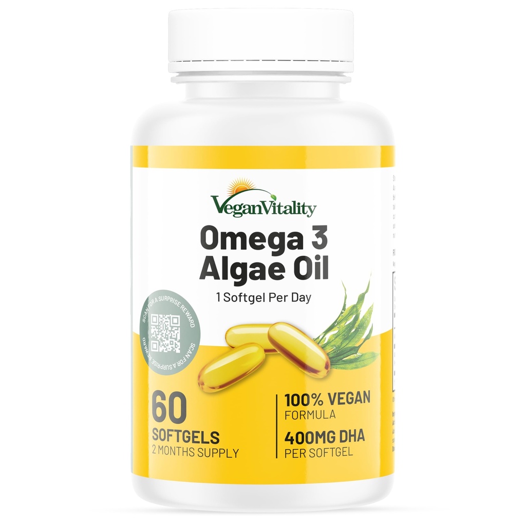 טבעונית Vitality אומגה 3 - 60 Plant Based Algae Oil Soft Gels Essential Fatty Acids with Vegan DHA עבור תמיכה משותפת, לב & Immune ללא EPA