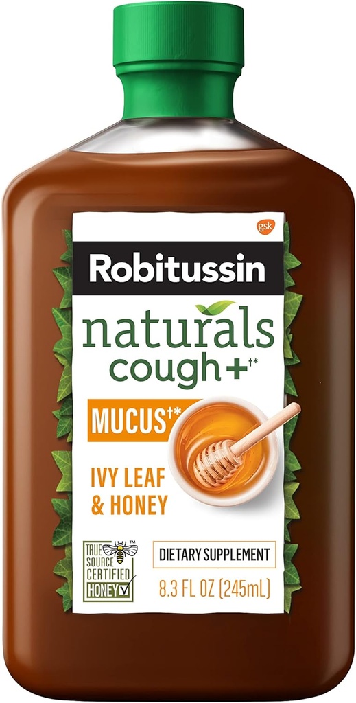 Robitussin Naturals Honey and Ivy Dietary Supplement Relieves Occasional Cough Associated with Hoarseness, גרון יבש ו Irritants, 8.3 oz