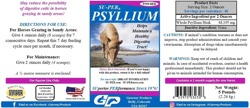 SU-PER Psyllium Horse Digestion - שומרת על Tract בריא בסוסים - תומך הסרת חול ו Dirt מ intestinal Tract - 5 פאונד, (2 Pack)