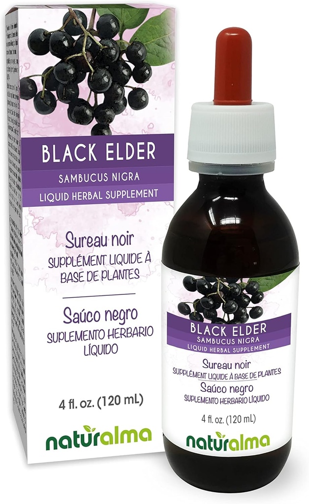 Naturalma Black Elder (Sambucus nigra) פרח (Elderflower) ופירות (Elderberry) אלכוהול חינם טינקטורה - 4 oz נוזל לחלץ טיפות - תוספת צמחי - טבעוני