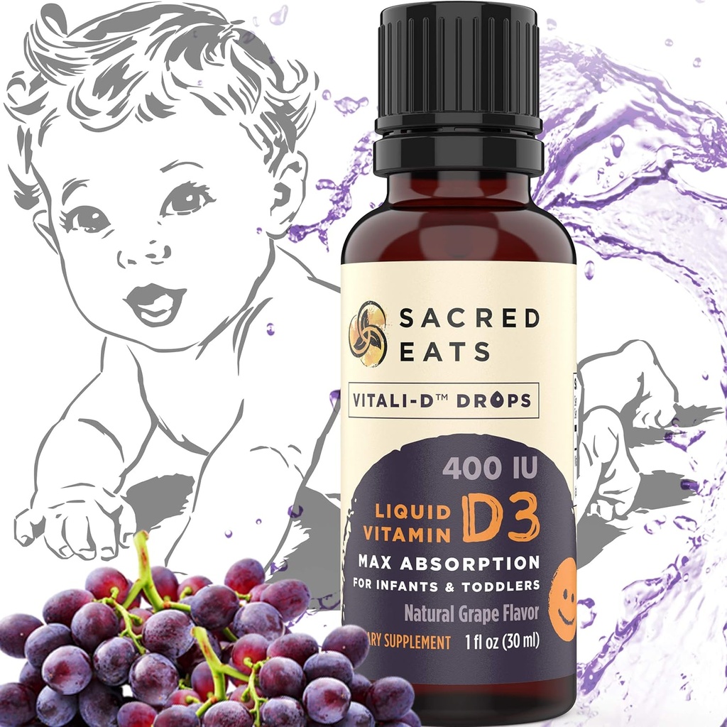 ויטמין D טיפות לתינוקות - 400 IU Per Drop, Natural & Sugar חינם שמן MCT עבור הטוב ביותר Absorption. 880 משרתים קל לקחת תוספי D3 נוזלי עבור Baby & Toddlers (Grape)