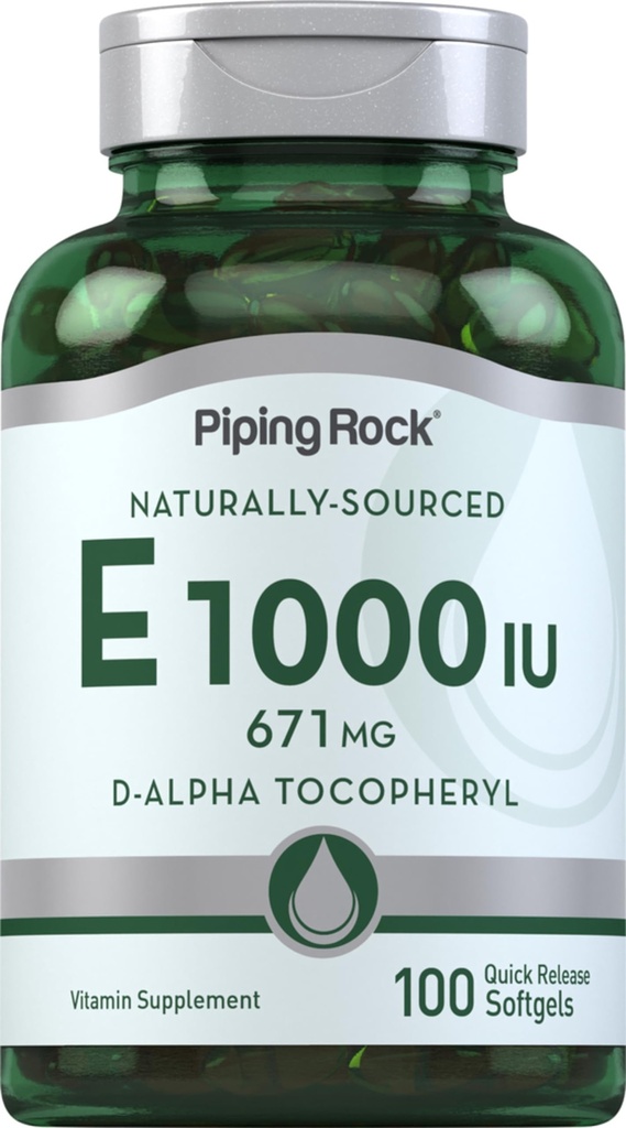 Piping Rock ויטמין E 1000 IU Softgel קפסולות | 671 מ"ג | 100 Pills | D-Alpha Tocopheryl תוסף