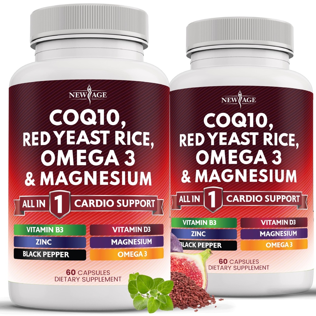 AGE COQ10 200 מ"ג רד Yeast אורז 3000 מ"ג אומגה 3-6-9 3000 מ"ג מגנזיום מורכב 500 מ"ג זינוק ויטמין K2 D3 - ויטמינים לנשים וגברים עם ויטמין B3, Coenzyme Q10-120 Count