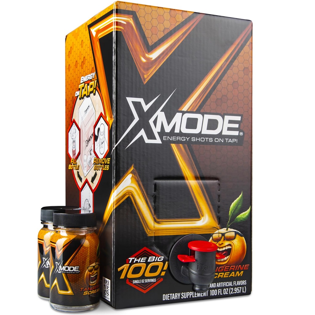 XMODE תוספת אנרגיה כוח יורה על Tap - Tangerine Flavor, סוכר חינם, 150 מ"ג קפאין ל oz, B12, 100 (1oz) משרתים, Dispenser עם 2 בקבוקי Refillable