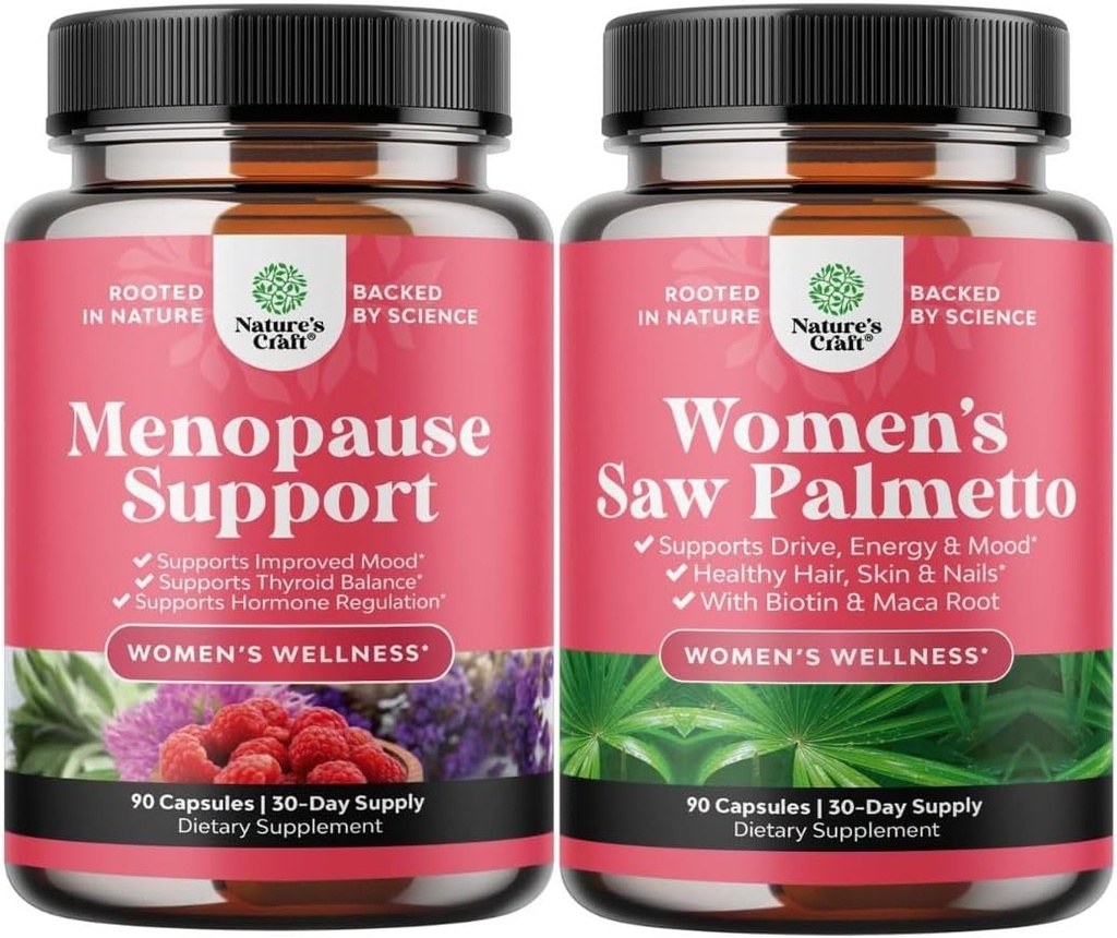 Bundle של תוסף Menopause עבור פלאשes חם עם Dong Quai Vitex Chaste ברי & Black Cohosh & תוספת כוח ראה פאלטו עבור נשים 500 מ"ג - DHT חוסן שיער הפסד עם Maca Root & biotin
