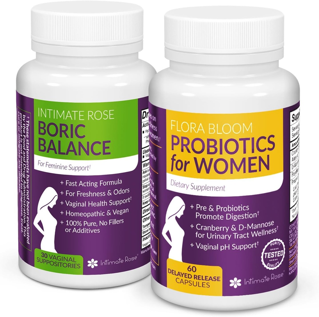 רוז Combo Pack! פלורה בלום פרוביוטיקה לנשים (One Bottle) ו Boric Balance Boric Acid (One Bottle) 2 Pack