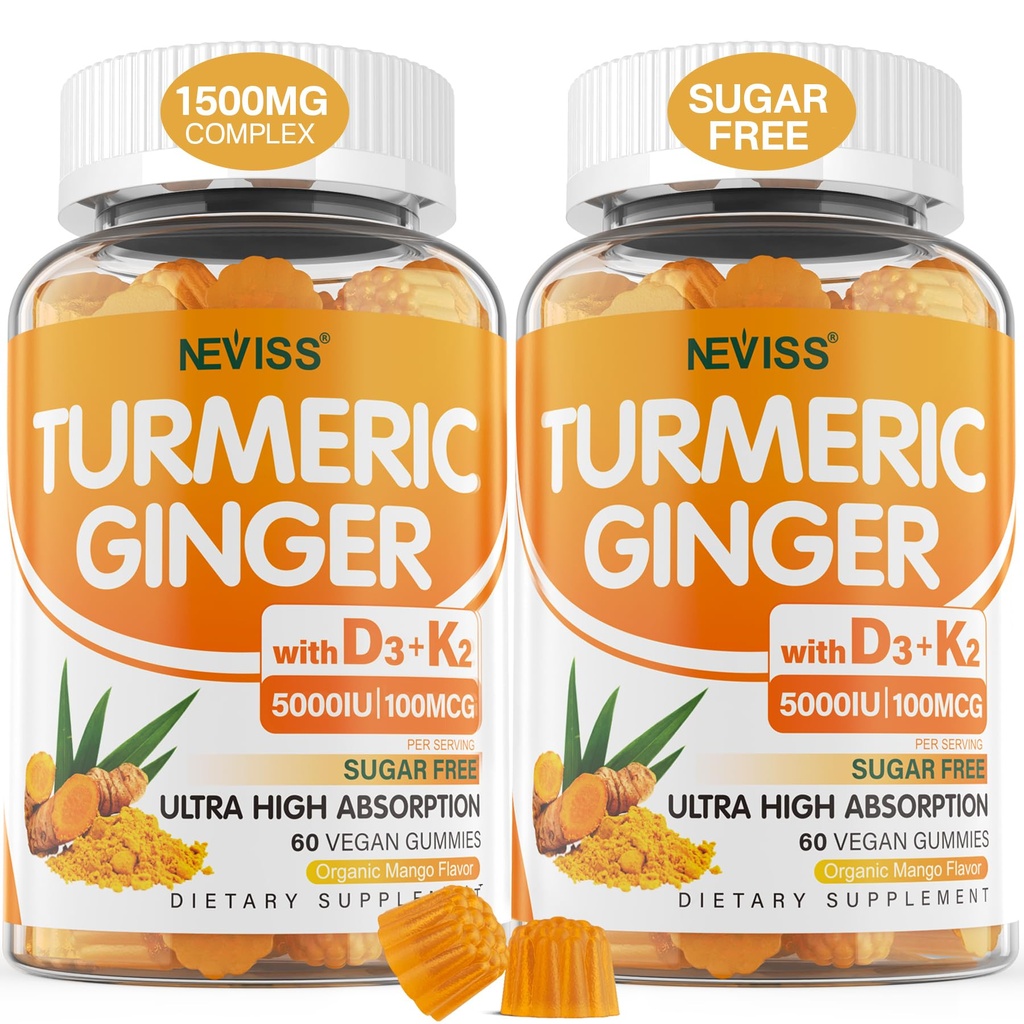 סוכר חינם Turmeric ג'ינג חניכיים עם 5000 IU ויטמין D3 & K2 (MK7), C - טבעוני תוספת חניכיים למבוגרים 1500 מ"ג עם Black Pepper, תומך העצם, Immune & Digestive בריאות - 120 Cts