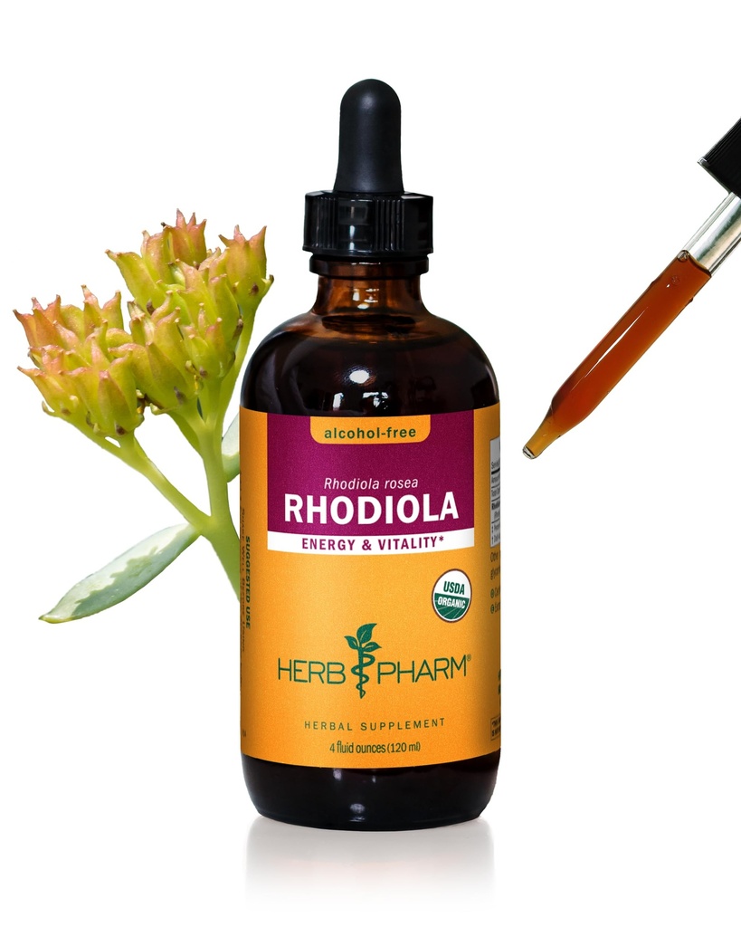Herb Pharm מוסמך אורגני Rhodiola שורש לחלץ אנרגיה, אנדורנס וסטמינה, אלכוהול חינם Glycerite, 4 Ouncecece
