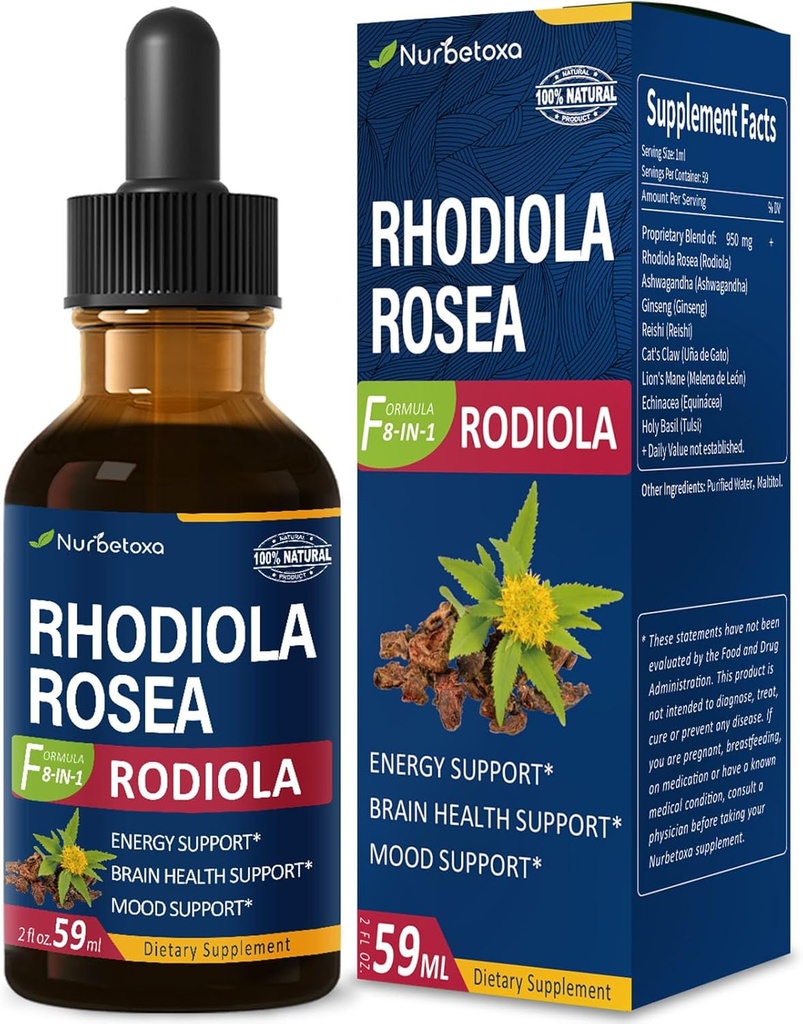 Rhodiola Rosea (Rodiola) לחלץ טיפות, תוסף הסתגלות טבעי / W Ashwagandha, גינזנג, בזיליקת קודש ו Echinacea לאנרגיה, בריאות המוח, Immunty & Mood תמיכה. 2oz.