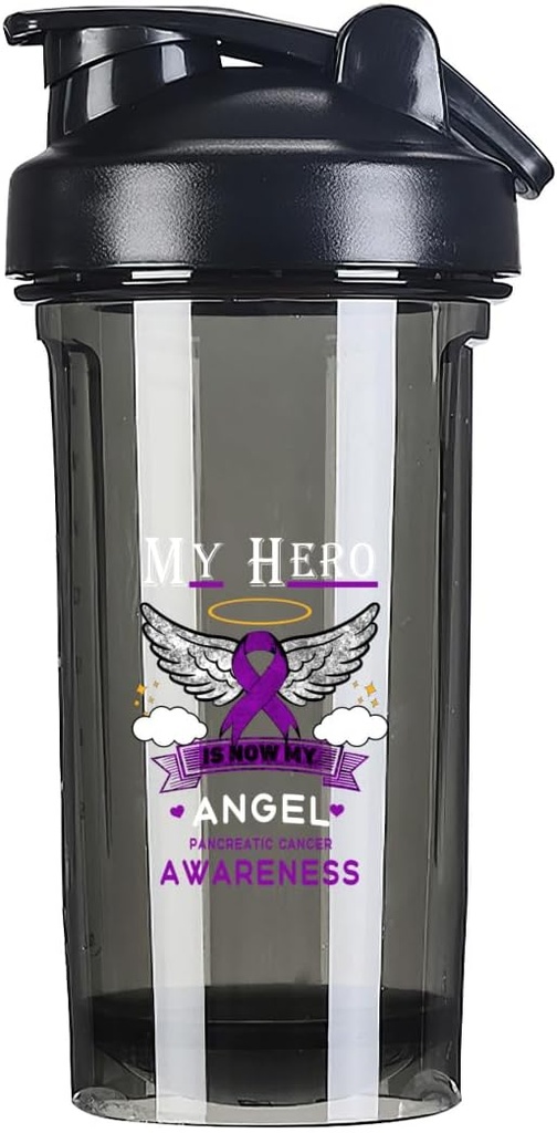 My Hero Is Now My Angel Pancreatic cancer 18 Ounce Shaker בקבוק Mixer Leak-הוכחה טרום חלבון Shakes Meal החלפת Shakes בקבוקים 500ML/18 Oz Black