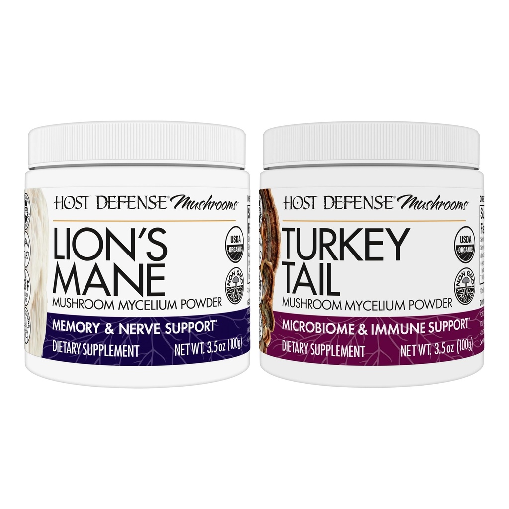 Host Defense Bundle עם אבקת מאן של אריה, 3.5 oz & טורקיה Tail Mushroom אבקת, 3.5 oz - תמיכה בריאות המוח, זיכרון ומקדו - תמיכה בבריאות העיכול & Immune *