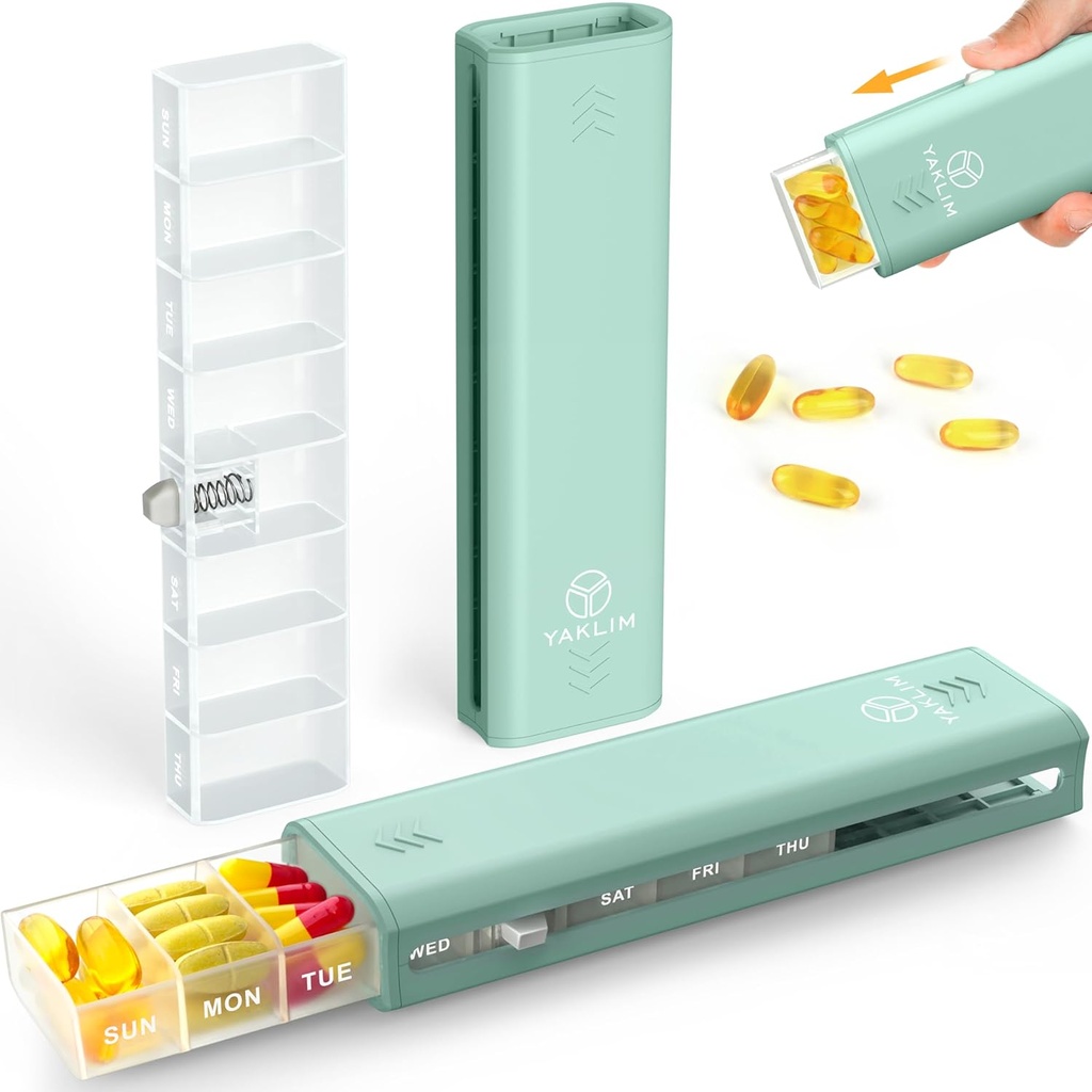 Yaklim Weekly Pill Productionser 1 Time a Day, 7 Day Pill מארגנת כל יום גלולת גלולות נסיעות, Pill Container עבור ויטמין, 1 שבוע גלולות מארגנת כדי להחזיק תרופות, תוסף, שמן דגים