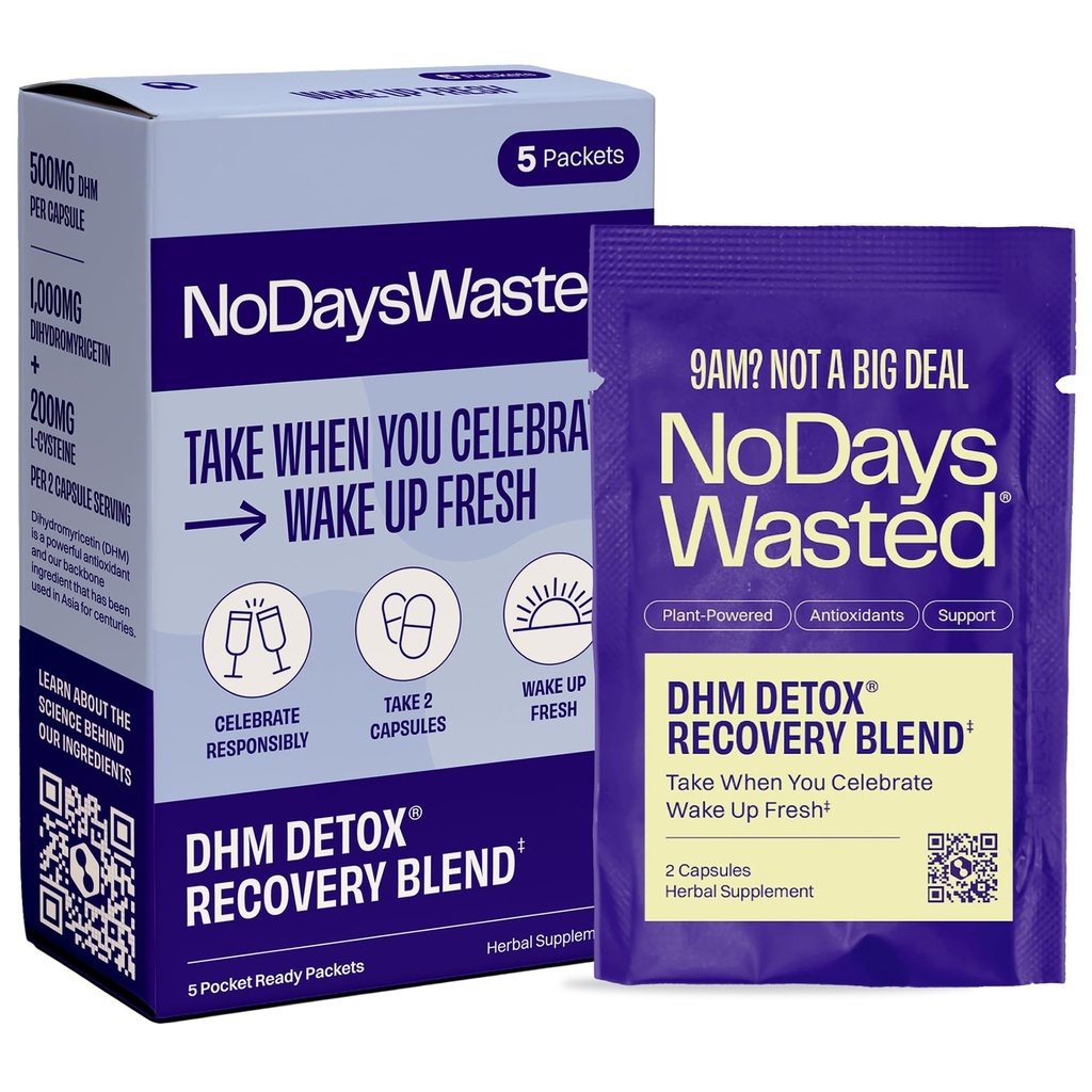 No Days Wasted DHM Detox 5 Portables - שילוב אופטימיזציה של DHM (תוסף דיימליוריצ'יטין) ווויטמינים לקחת בשעות הערב לטוב ולהחלמה