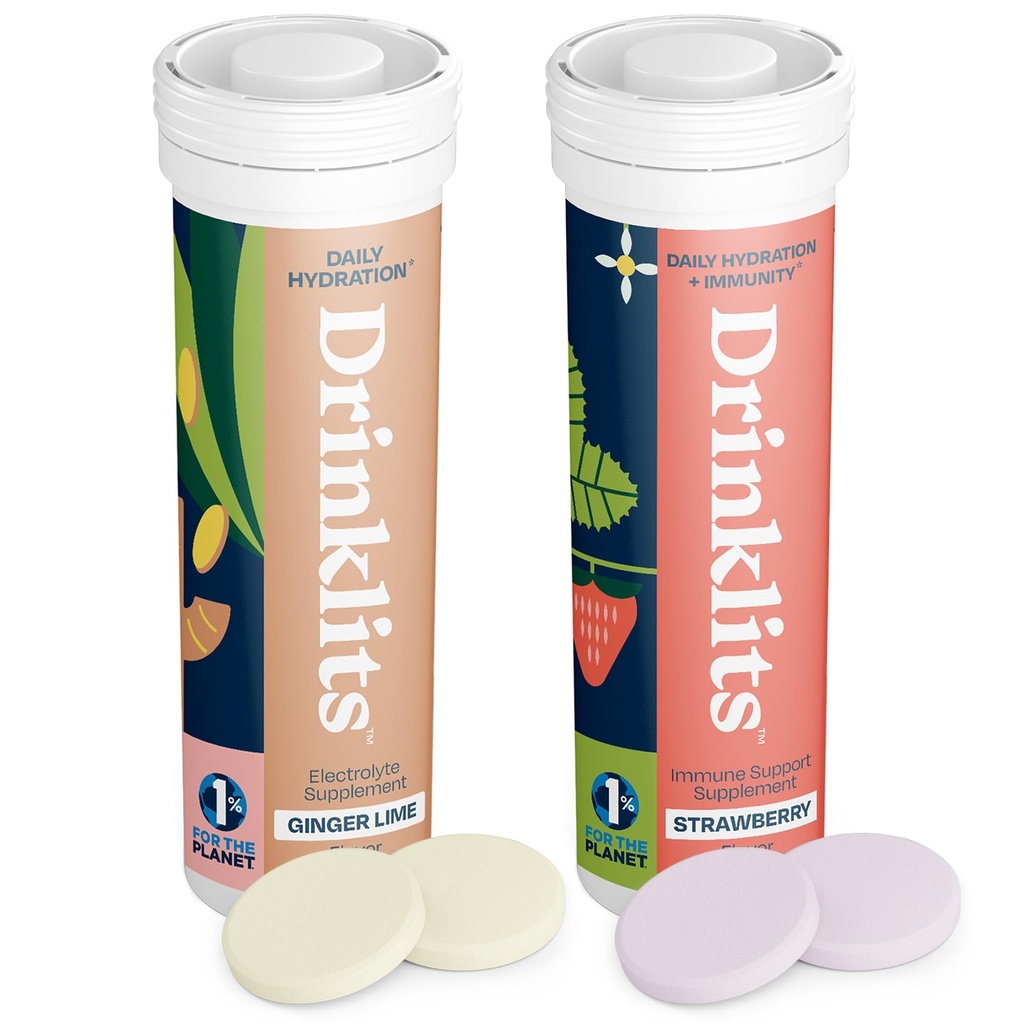 שתייתות ג'ינג'ר-לime Electrolyte hydrotion & Strawberry Immunity Tablets (2) Tube Combo Pack | Great Taste - Gluten Free - Daily Use