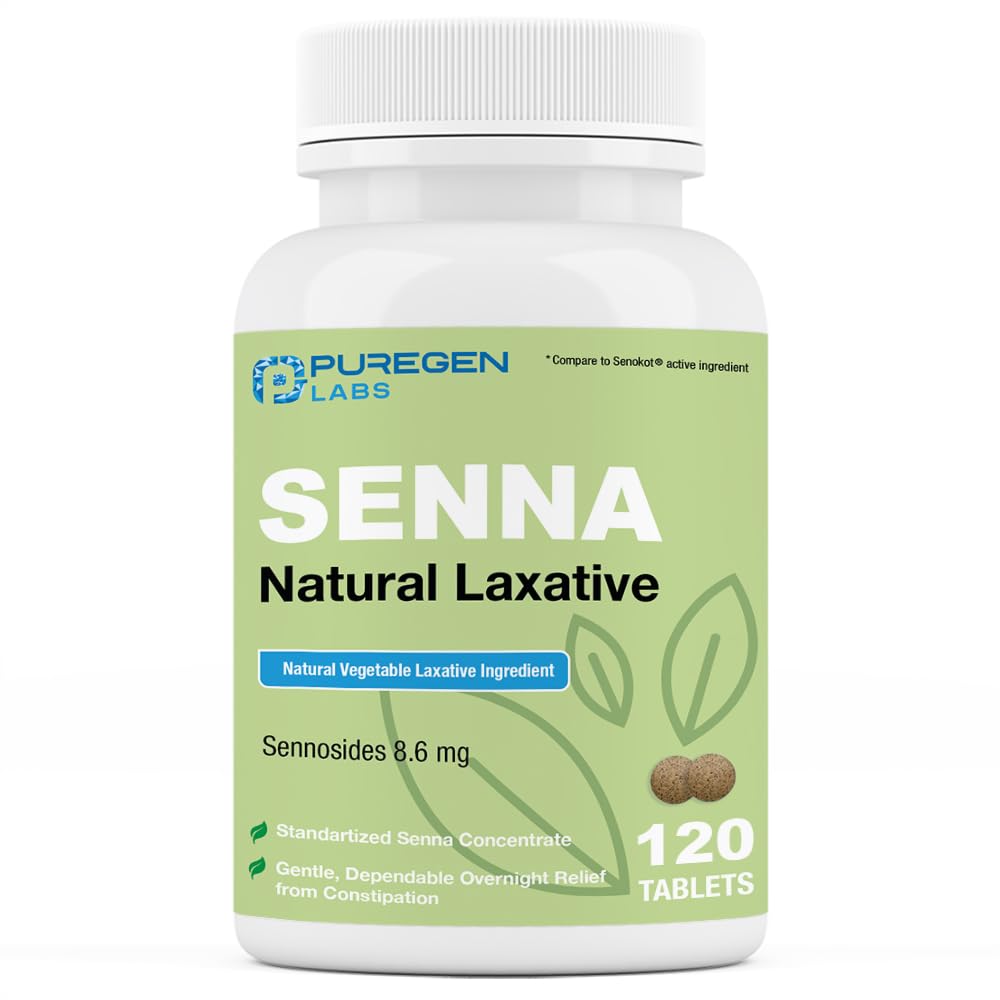 Puregen Labs Senna 8.6 מ"ג טבליות (120 Count) - Natural Sennosides ירקות Laxative עבור Constipation, Bloating, Gas, Irregularity Relief