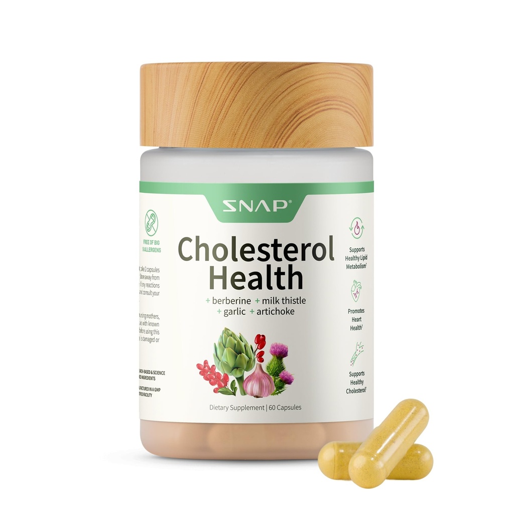 תוספי Snap Supplements Cholesterol Health - תמיכה טבעית ללב, Liver, Digestive ו- Metabolic Health, 60 קפסולות צמחוניות (30 משרתים, 1 חודשים אספקה)
