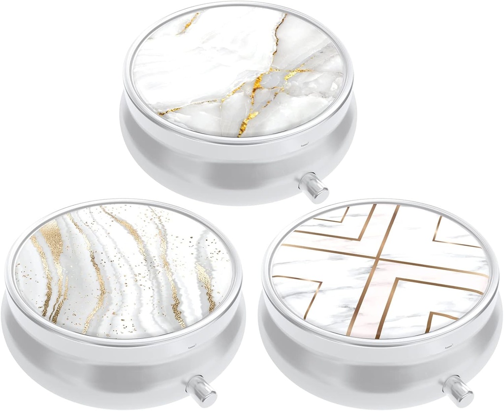 3 Pack Pill Box, Small Pill Case for Purse & Pocket, מארגנת רפואה חמודה, Portable Medicineer Holder כדי להחזיק ויטמינים, תרופות, שמן דגים ותוספים, White Marble, White Marble
