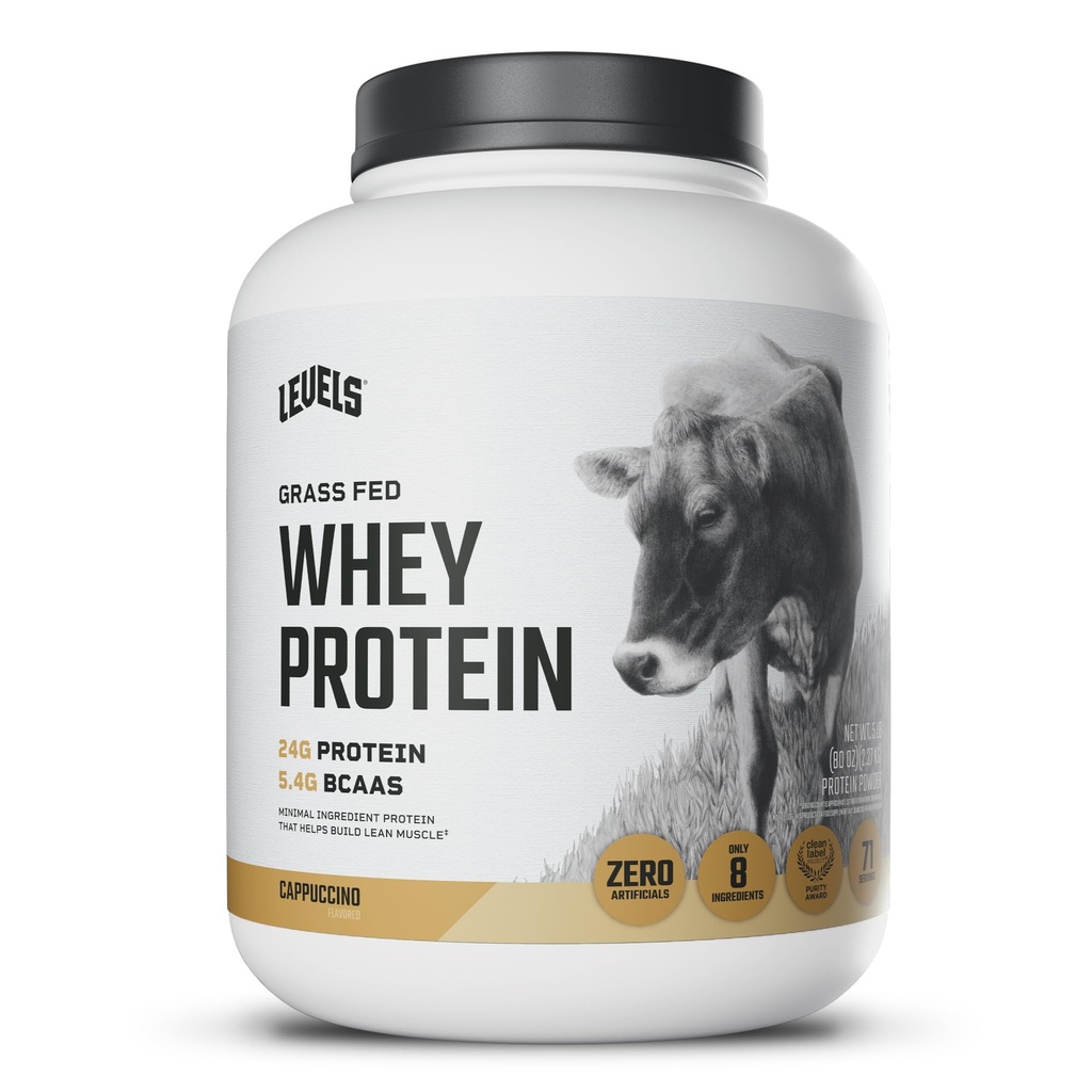 רמות Grass Fed Whey חלבון אבקת, לא מלאכותיים, 24G של חלבון, Cappuccino, 5LB