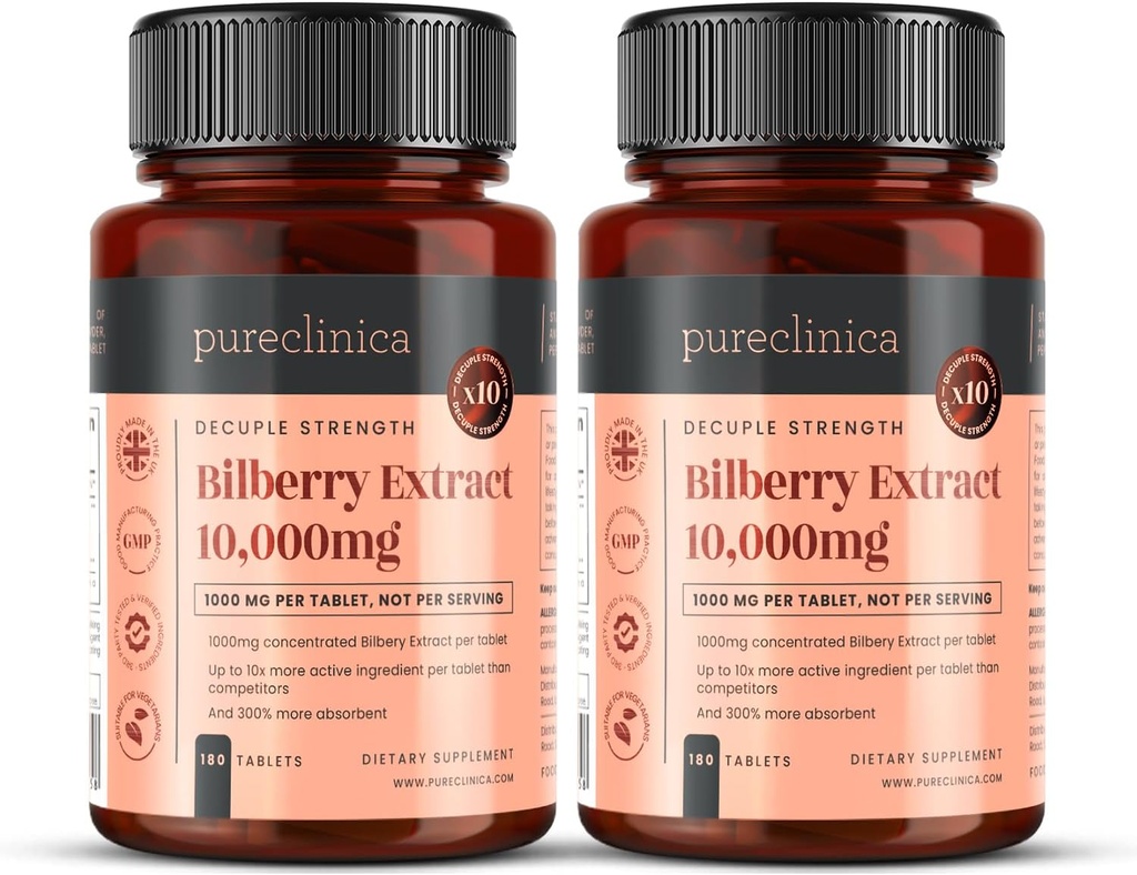 Pureclinica Bilberry לחלץ 10,000 מ"ג X Tablet (2 בקבוקים) - 10 X More Anthocianidins עבור Tablet יותר מאשר רוב האחרים - ו 5 מ"ג שחור פלט עבור 300% הגדלת Absorption