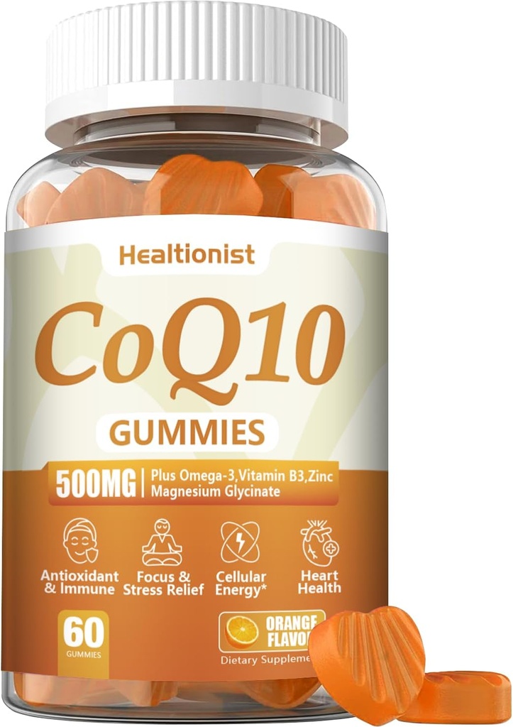 1 Pack 500MG Coq10 Gummies - 3X Better Absorption, Plus אומגה 3, Magnesium, ויטמין B3 & Zinc - Coenzyme Q10 תוספי בריאות הלב, אנרגיה סלולרית ואנטיoxidant, טבעוני 60 Counts