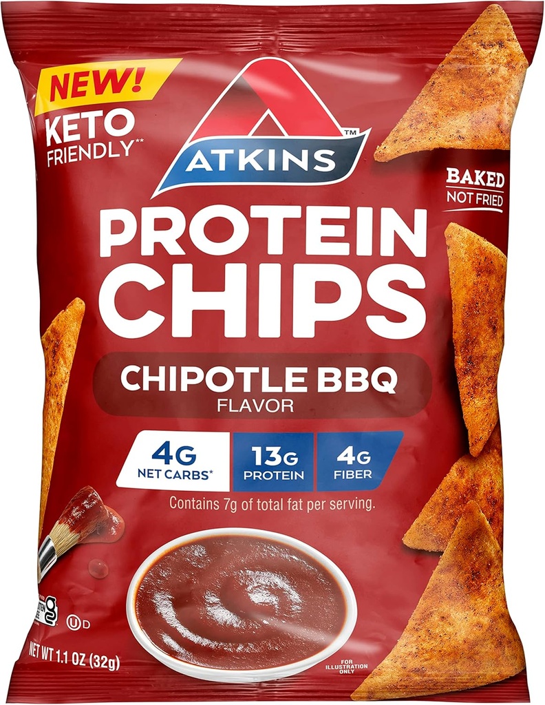 Atkins Chipotle BBQ חלבונים צ'יפים, 4g Net Carbs, 13g חלבונים, Gluten Free, Low Glycemic, Keto Friendly, 12 Count