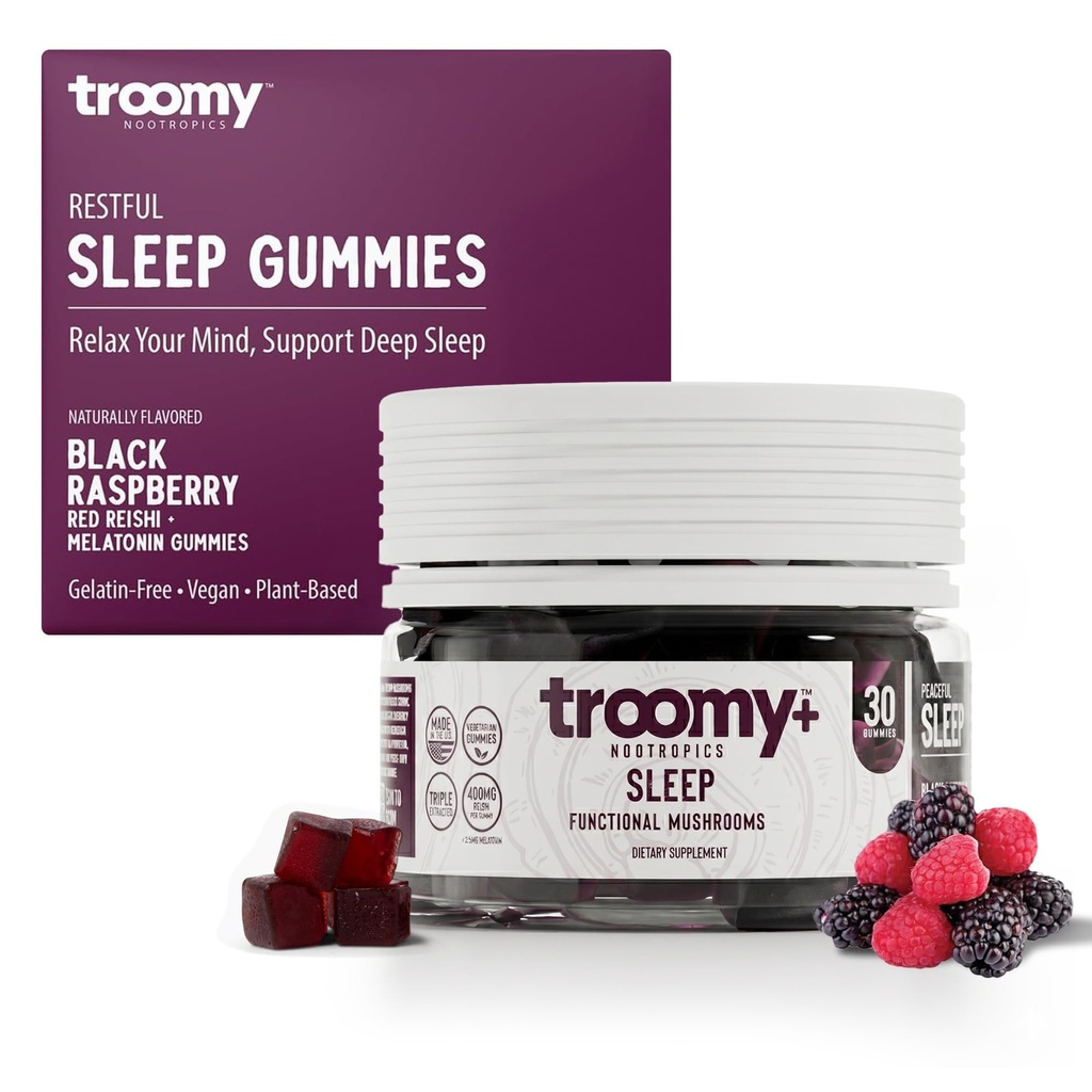 Troomy Sleep Reishi + Melatonin Great Tasting Mushroommies - תמיכה שינה שקטה - פטל שחור - 30 Count