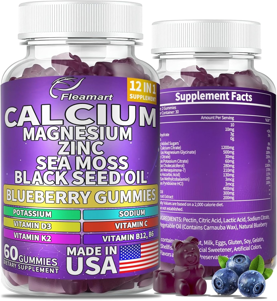 Calcium Magnesium Zinc תוספת סוכר חינם לנשים וגברים Calcium Gummies תוסף Bone & Immune תמיכה Made בארה"ב 60 Counts Blueberry Flavor