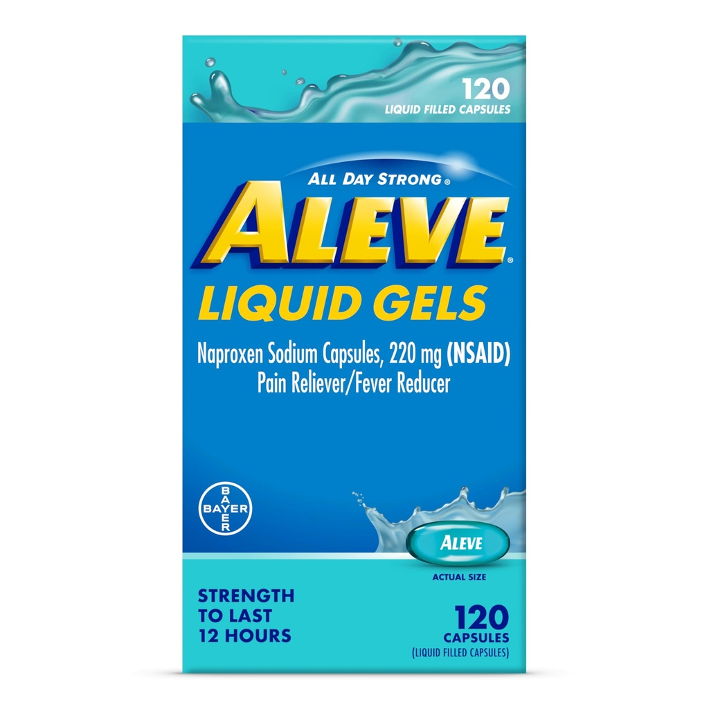 קפסולות נוזליות Aleve, Naproxen Sodium קפסולות 220 מ"ג (NSAID), Pain Reliever / Fever מופחת, Fast Pain Relief, 120 Count Count Count