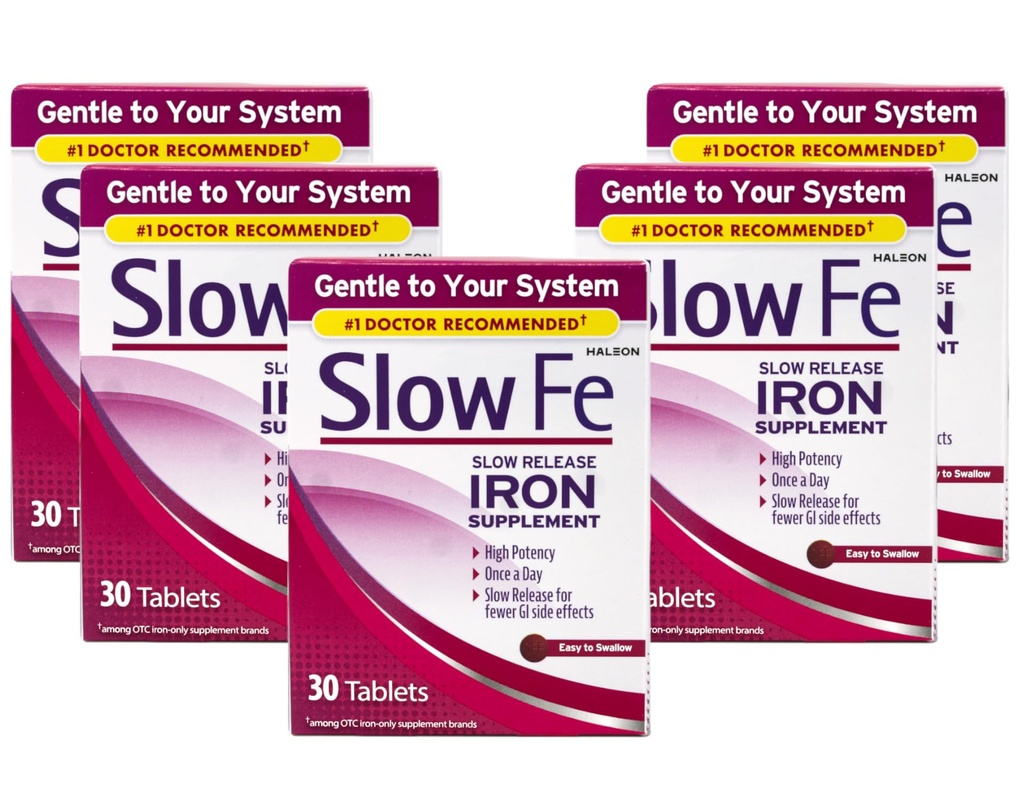 Slow Fe Slow Release Iron תוסף, High Potency, Once a Day, Gentle on System, 30 טבליות (Pack of 5)