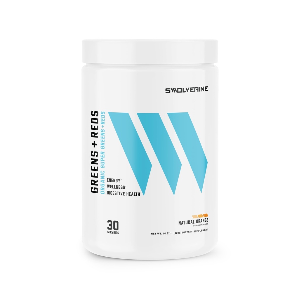 Swolverine Greens & Reds | Super Greens and Reds Powder with Spirulina, Chlorella, Wheat Grass, Pomegranate, Beet Root, Turmeric, Natural Orange Flavor (30 Servings)