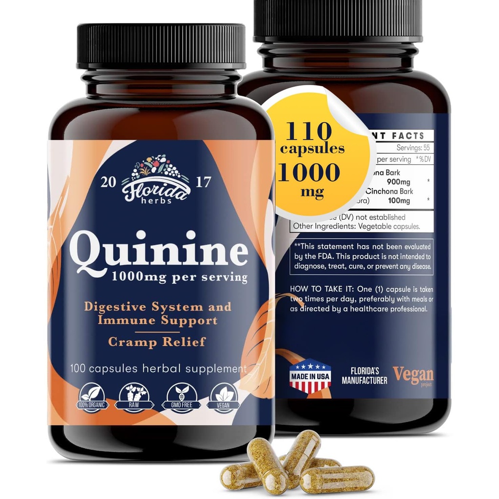 Quinine for Leg Cramps 1000 מ"ג - 110 קפסולות - C אינץ'ona Bark לחלץ תוסף - Quinine קפסולות - טבעוני, לא - GMO
