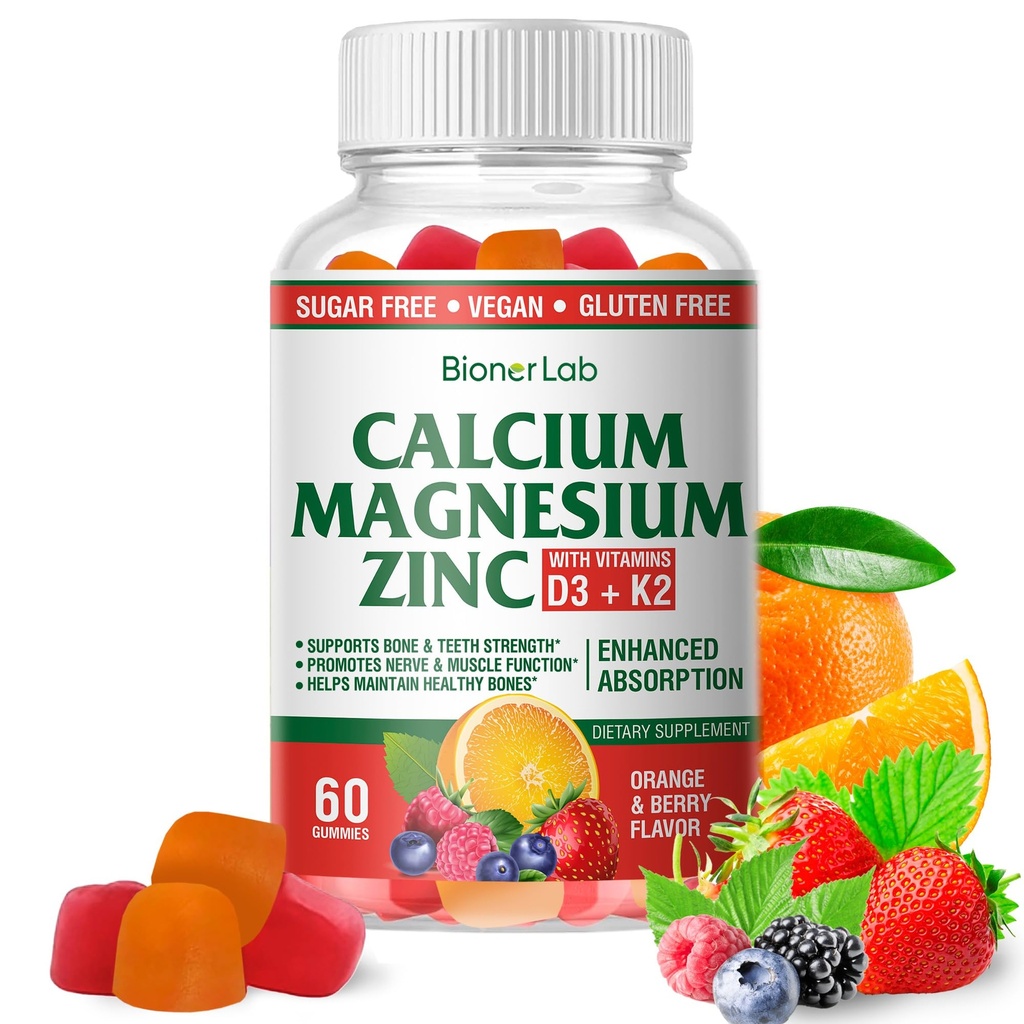 BionerLab Calcium Magnesium Zinc Gummies with Vitamin D3 & K2 - High Absorption Complex with Magnesium Glycinate Calcium Zinc Citrate for Bone Muscle & Immune Health - Sugar-Free Orange Berry Flavored