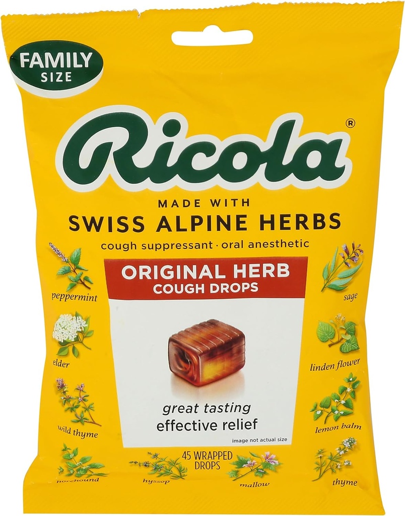 Ricola Original Herb Cough Drops, 45 Count, Cough Suppressant & גרון Relieving טיפות עם באופן טבעי Source Menthol, Plating Herbal Taste for Coughs & גרון Irritation Symptom Relief