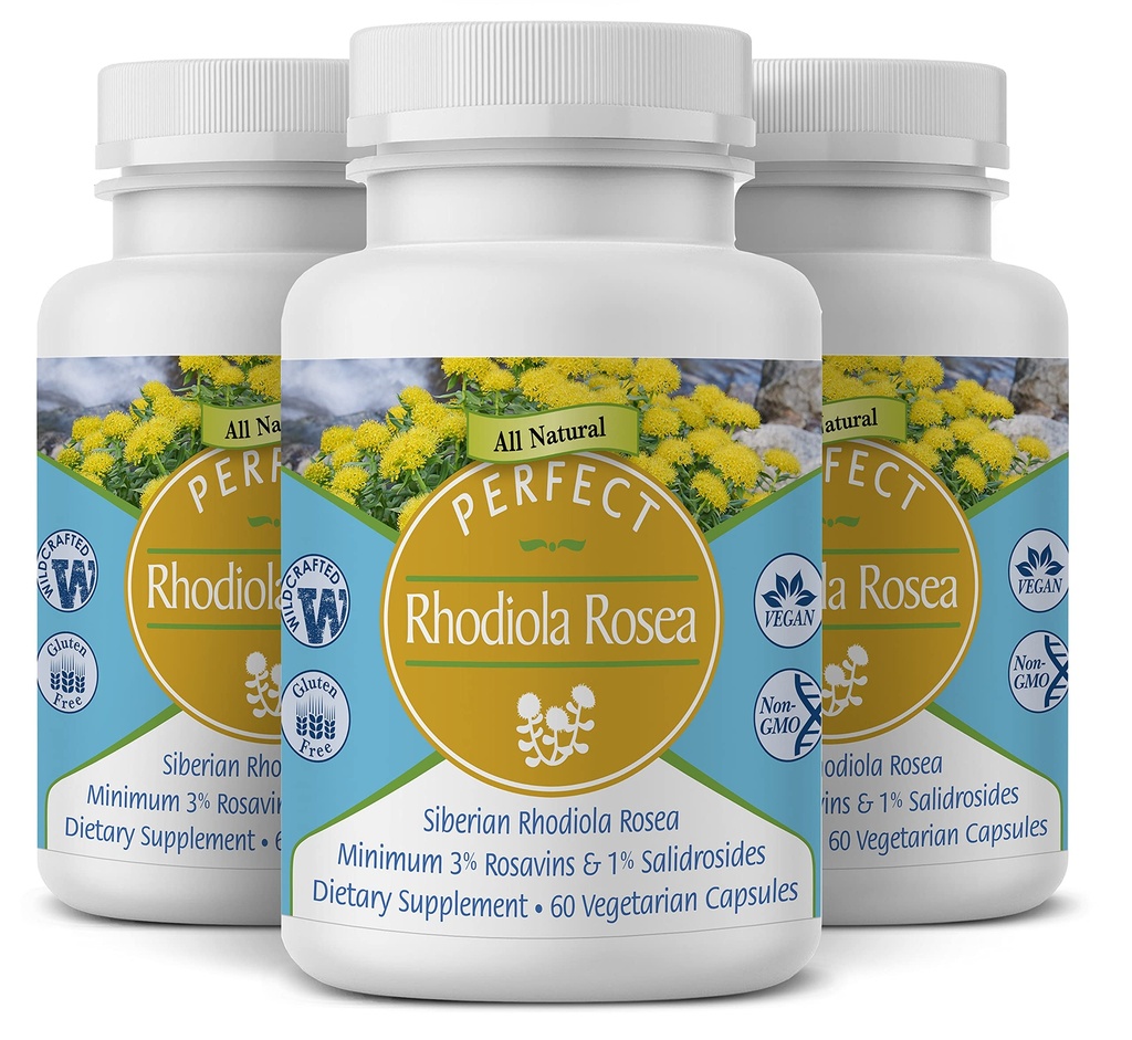 תוספי Perfect Rhodiola Rosea - 60 קפסולות - תוספי הסתגלות טבעיים - מגביר את האנרגיה - Better Focus - 3 Pack
