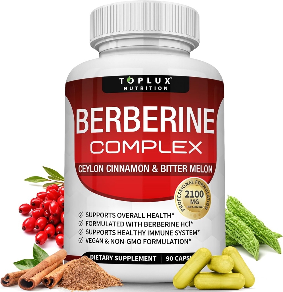 Toplux Berberine עם Ceylon Cinnamon ו Bitter Melon 2100 מ"ג - High Purity 97% HCL Berberine תוסף, תמיכה הכוללת בריאות ומערכת החיסון, Non-GMO טבעוני 90 קפסולות