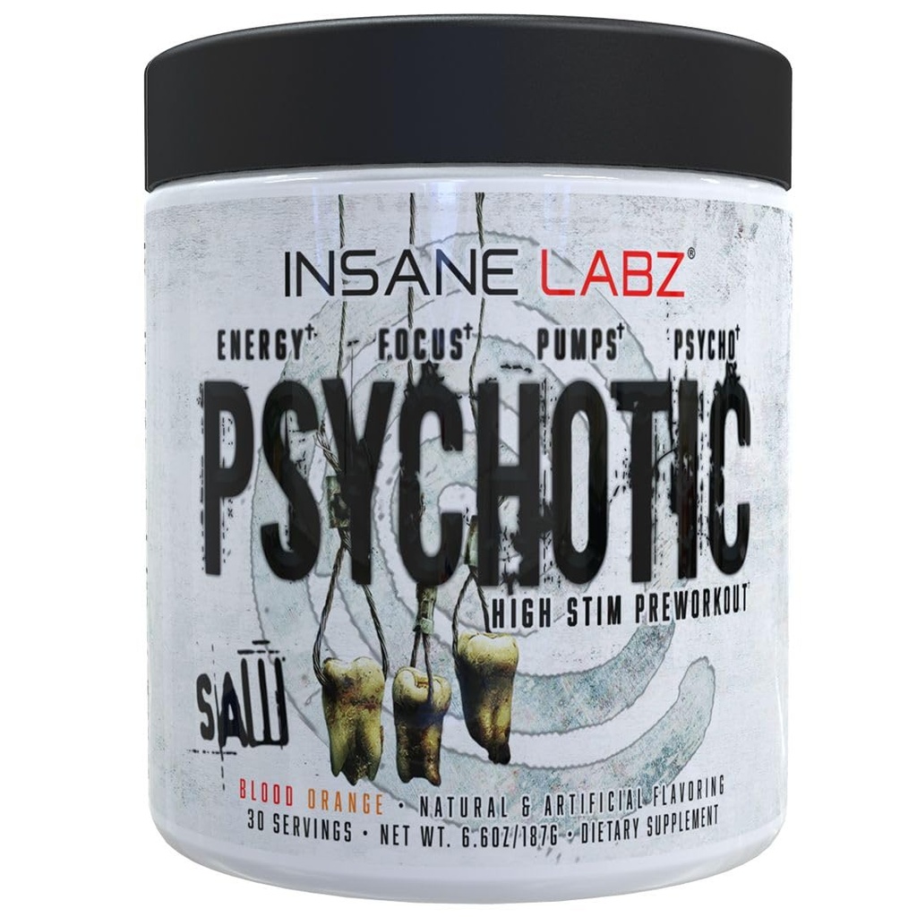 Insane Labz Psychotic Saw, High Stim Pre Workout אבקת עם OxyGoldTM ו AMPiberry®, Extreme Lasting Energy with Teacrine®,Focus with CognitIQ® ו- Endurance (30 משרתים, Blood)