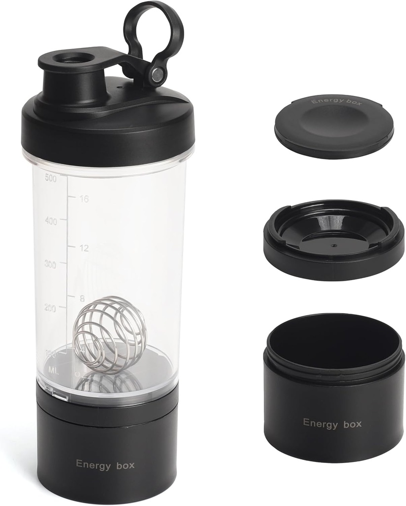 בלנדר חלבון Shaker Tritan בקבוק עם Pill / Powder Storage Container forחלבון Shakes-pre אימון בקבוק Mixer Cup-Gym Sport Water Bottle with Wire Whisk Balls Black Balls