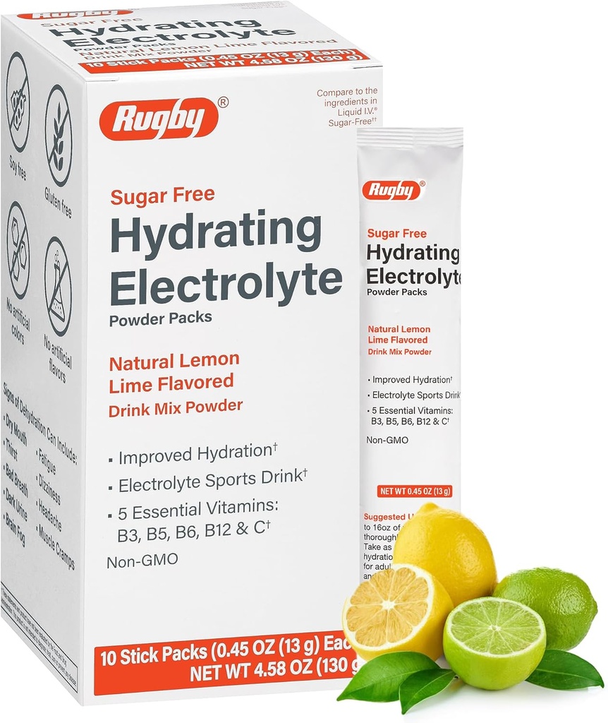 רוגבי סוכר-Free hydroting Electrolyte אבקת Packs - שתיה אבקת Packets עם 5 ויטמינים - הידרציה משופרת - לימון טבעי - Lime Flavor - 10 Stick Packs - 0.45 Oz כל אחד (1 Pack)