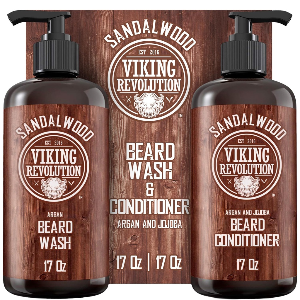 המהפכה הוויקינגית Beard Wash & Beard Conditioner Set with Argan & Jo Joba Oils - Softens and Powerens - Natural Sandalwood Scent - Beard Shampoo with Beard Oil (17oz)