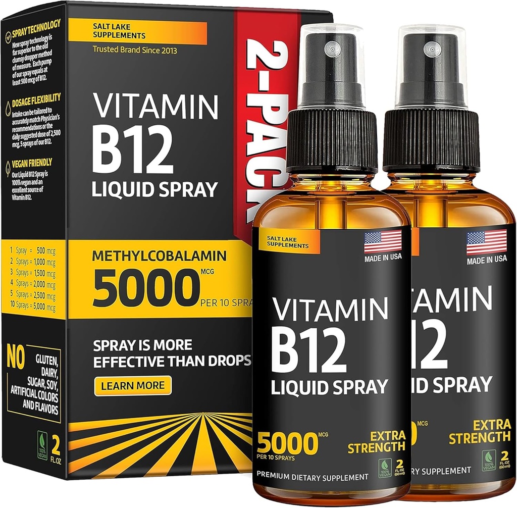 (2 Pack) - נוזל B12 Spray 5000 mcg - ויטמין B12 sublingual - טבעוני B12 ויטמין Spray - Methylcobalamin B12 נוזל Boosts Energy & Mood - Gluten-Free & non-GMO