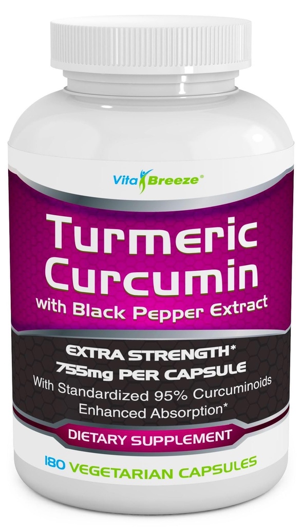 Turmeric Curcumin Complex with Black Pepper Extract - 755 מ"ג לכל קפסולה, 180 Veg. Caps - מכיל פיפרין (For Superior Absorption and Tumeric Bio-Availability) ו-95% סטנדרטי Curcuminoids