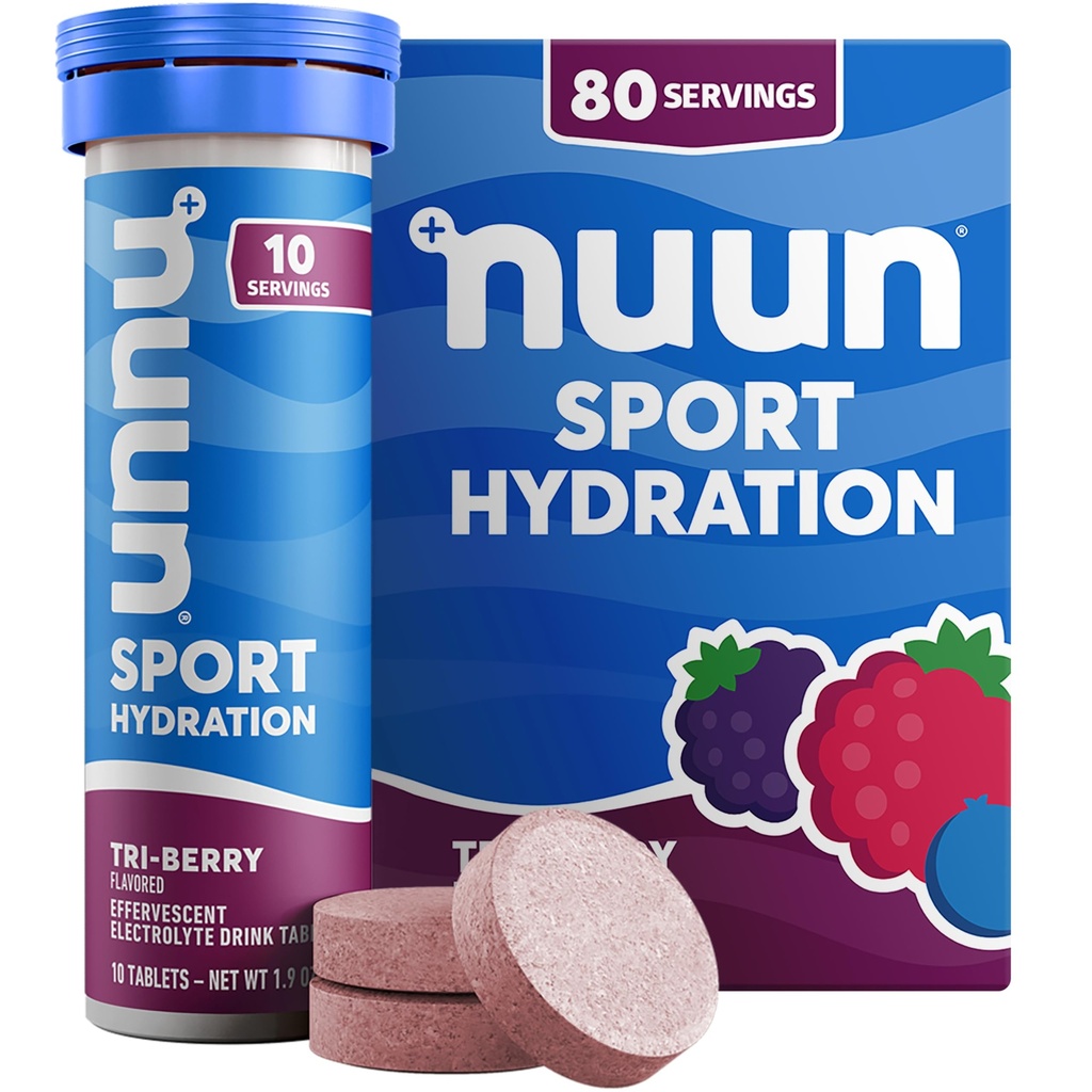 Nuun Sportlyte Tablet עם Magnesium, Calcium, Potassium, Chloride & Sodium, Gluten Free & Vegan, Tri-Berry, 8 Pack (80 משרתים Total)