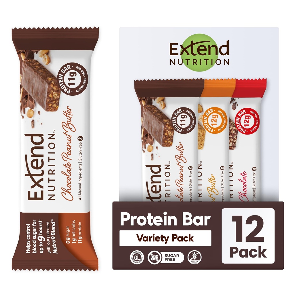 Extend Sugar Free Protein Bars, חטיפים דיבקיים מושלמים, חלבונים גבוהים וסיבים, בקרת רעב & Steady אנרגיה, Low Carb, Keto Friendly (12 Count, Variety Pack)
