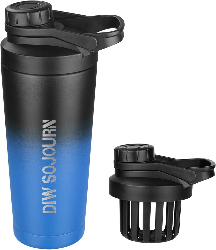DIW 24 oz Shakerבק, Stainless Steel Mix with Noise-Free Design, Insulated Metal Shaker Cup for Proteins and Pre Workout,Gym Cup Shaker (Black & Blue)