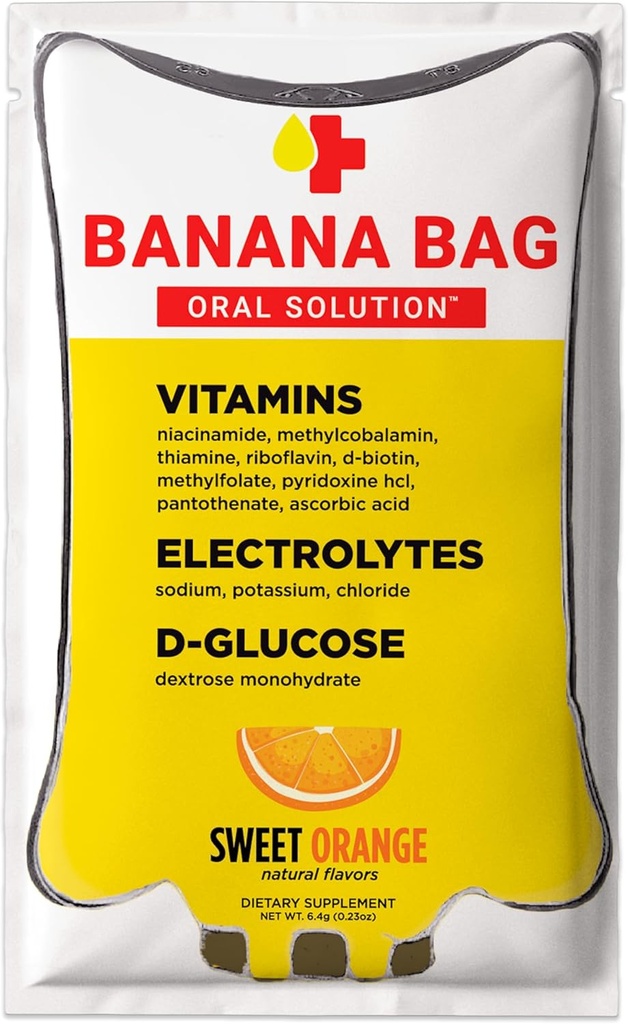 בננות Bag Oral Solution Recovery Packets - Sweet Orange 15pk | תערובת מרעננת של אלקטרוליטים, ויטמין C ו B-Complex for Hydration and Energy. נוח, קל ל-Mix ומושלם לכל סגנון חיים.