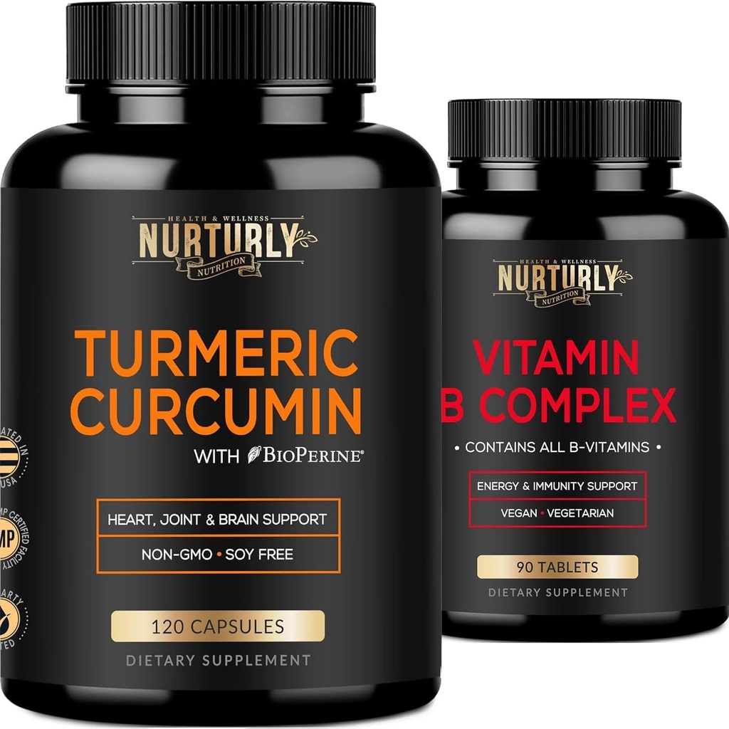 ויטמין B Complex ו- Turmeric Curcumin - מכיל את כל ויטמין B Essentials - B1, B2, B3, B6, B7, B9, B12 ו- Biotin - תוספי Absorption Turmeric 1300 מ"ג עבור Joint, Hearth Health