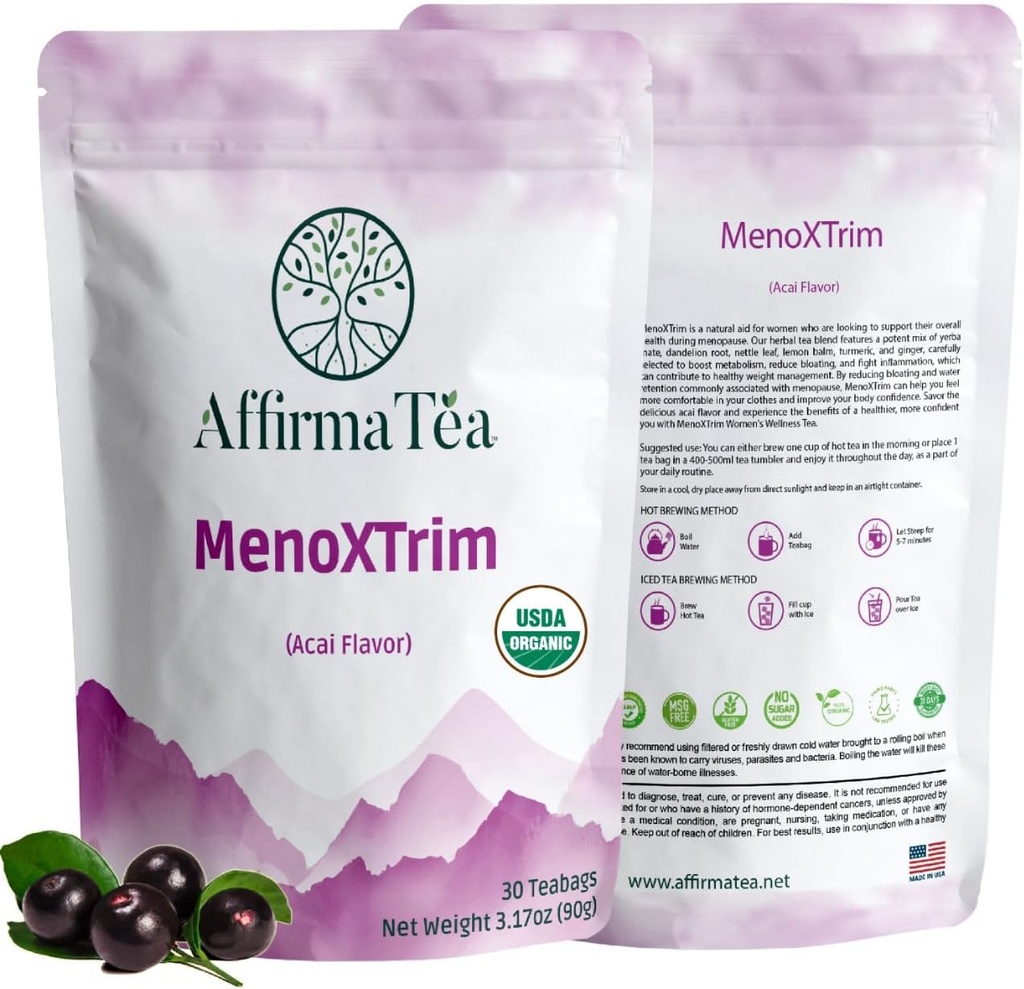 MenoXTrim אורגני Menopause הקלה: הורמונים | Bloating | Hot Flashes | עודף מים | MidLife Belly | Yerba Mate, Dandelion, Nettle Leaf, Lemon Balm, Turmeric, ג'ינג'ר | Natural Açai Flavor.
