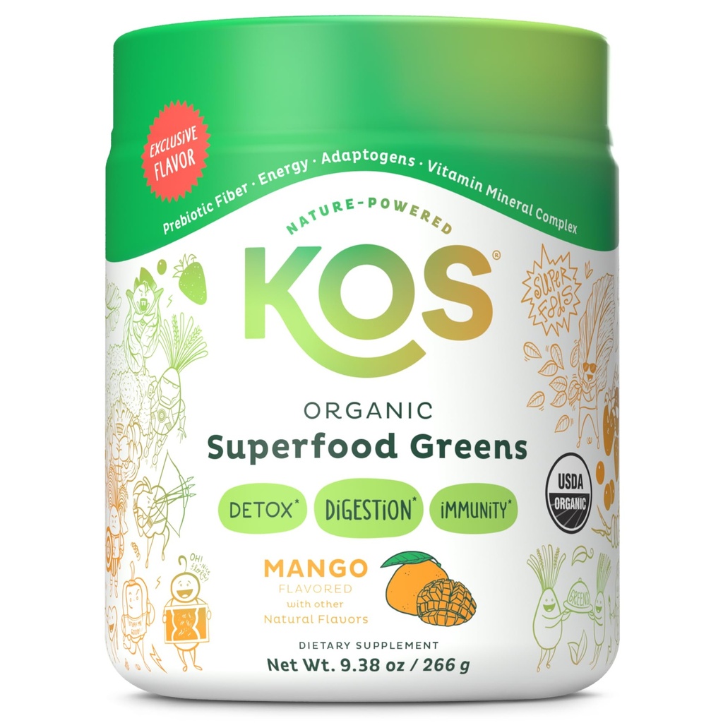 אבקת KOS אורגני Superfood Greens - Gut Health from Prebiotic סיבים, Supergreens ו- Fitogens - USDA Certified אורגני, Made in a GMP Certified Facility - 28 משרתי מנגו