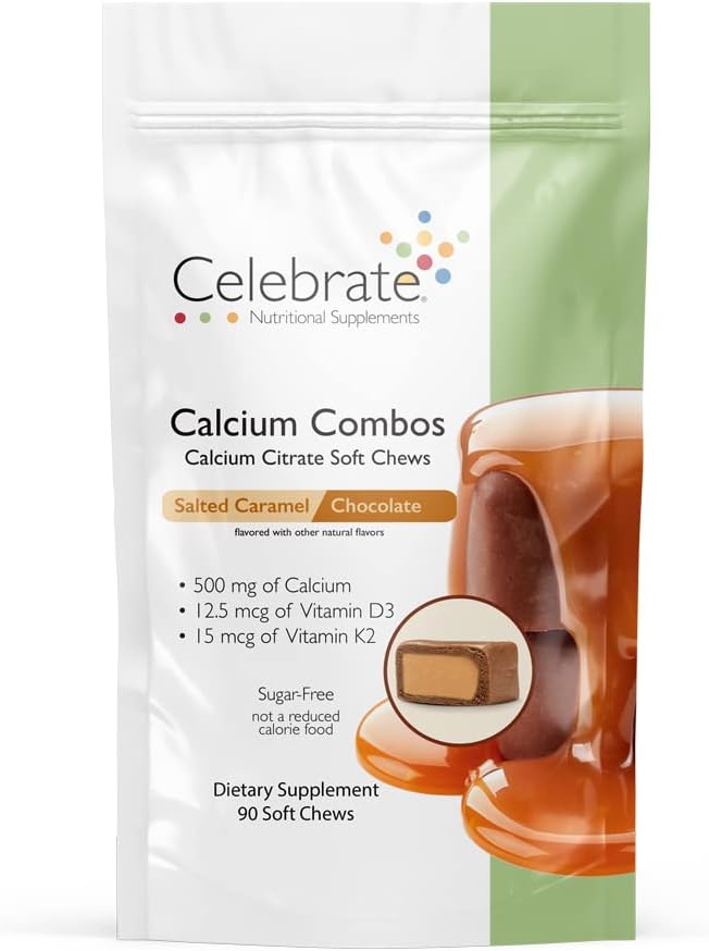 חוגגים ויטמינים Bariatric 500 מ"ג Calcium Citrate Chews Combo עם 500 IU ויטמין D3 - Essential for Gastric Bypass חולים & Bone Health - Sugar & Gluten Free, Carmel שוקולד (90 Chews)
